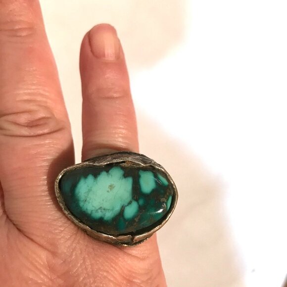 Huge Turquoise Gemstone Sterling Silver Handmade Size 8 Ring Hammered Chunky 925 - Picture 11 of 11
